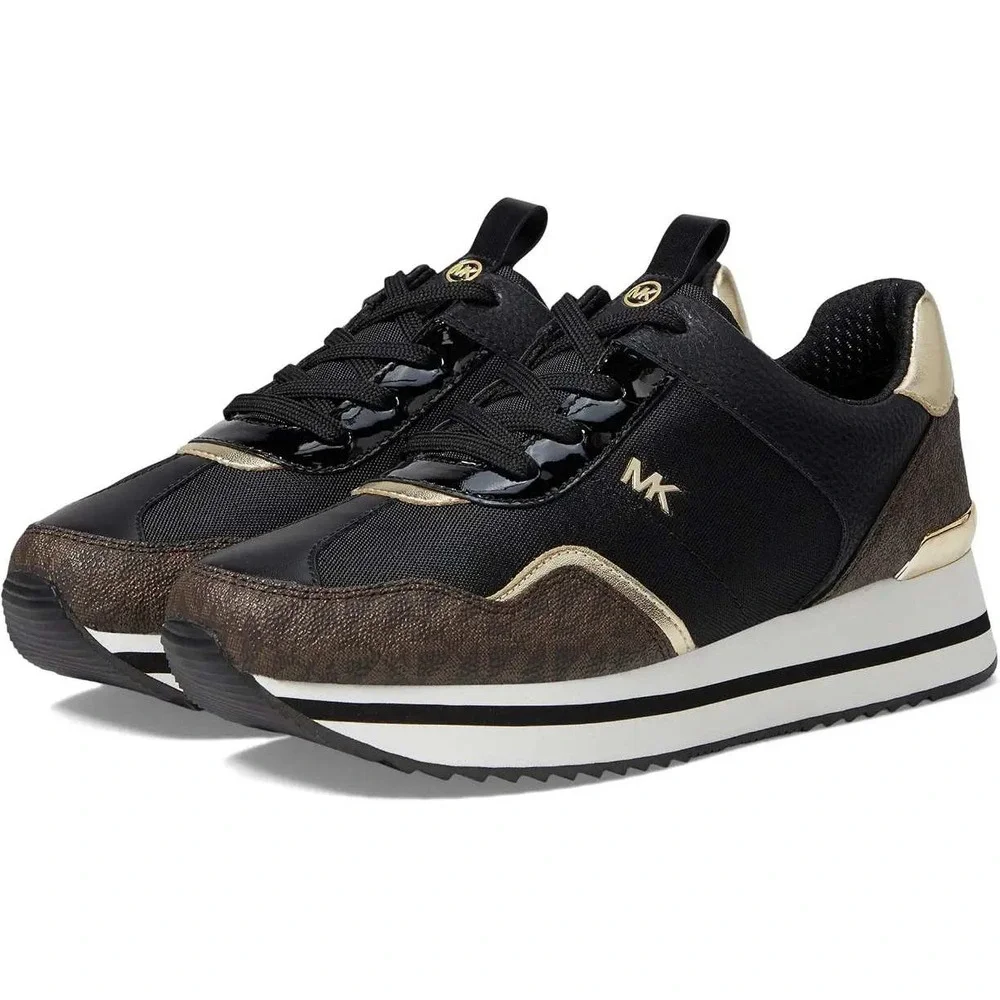 Michael Kors Raina Trainer Womens Black Gold Monogram Platform Sneakers Size 9